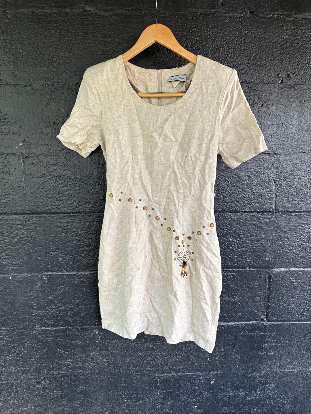 Breakin’ Loose Beige Short Sleeve Linen Blend Mini Dress Beaded Belt Detail